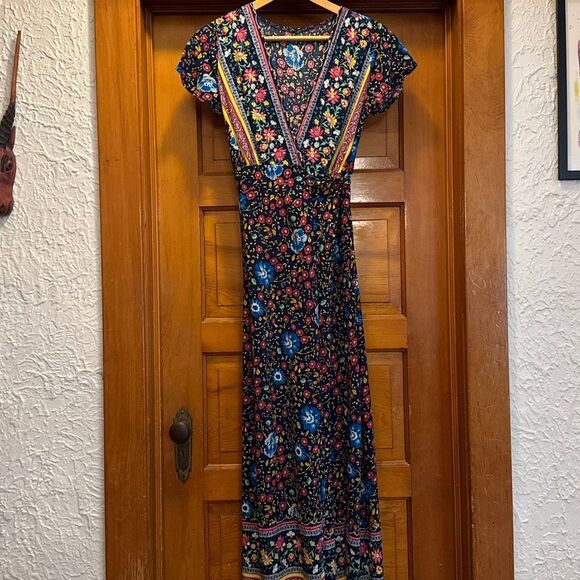 Navy Red Yellow Floral Wrap Midi Rayon Dress Women’s US Small - Picture 1 of 7